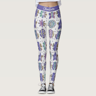 Doodle purple floral pattern personalised name leggings