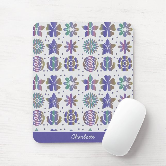 Doodle purple floral pattern personalised name mouse mat (With Mouse)