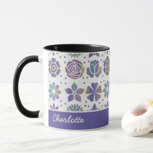 Doodle purple floral pattern personalised name  mug