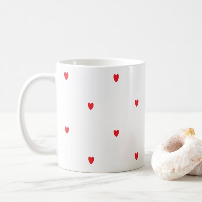 Doodle Red Hearts White Cute Classy Elegant Pretty Coffee Mug (With Donut)
