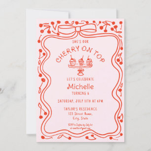 Doodle Red  Pink Bow Cherry on Top Girl Birthday Invitation