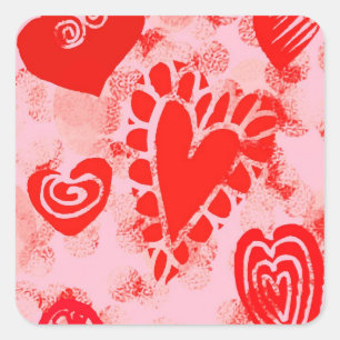 Doodle Red Valentine Heart Square Stickers