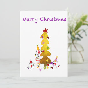 Doodle Robins Golden Tree   Christmas Card
