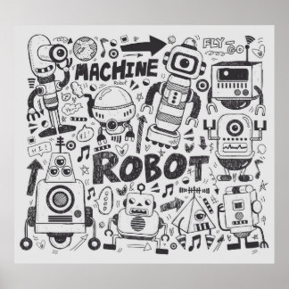 doodle robot element, illustrator line tools drawi poster