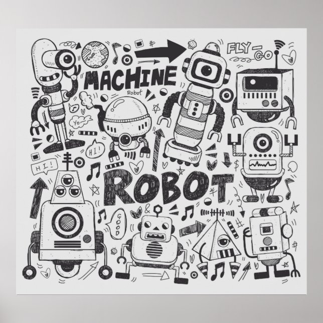 doodle robot element, illustrator line tools drawi poster (Front)