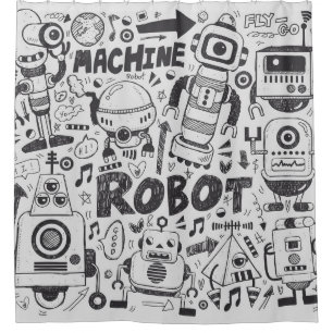 doodle robot element, illustrator line tools drawi shower curtain