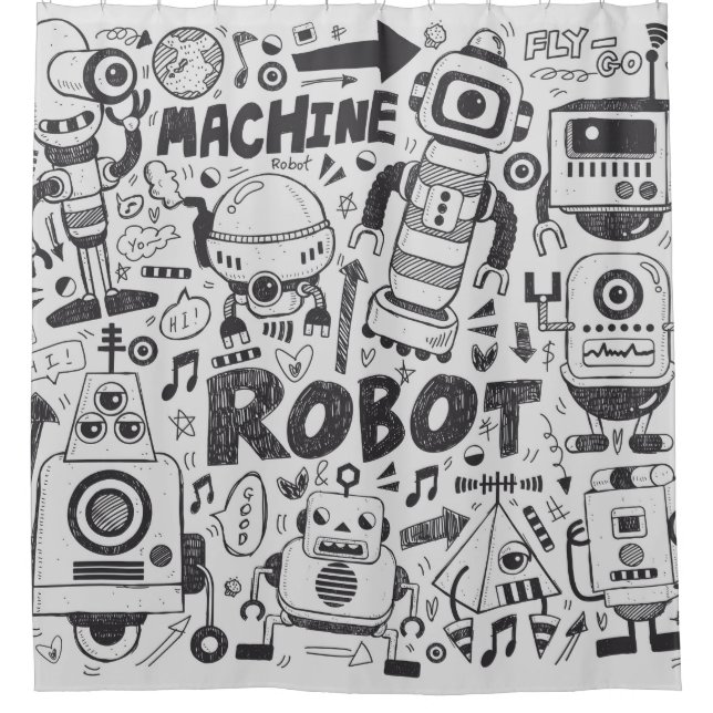 doodle robot element, illustrator line tools drawi shower curtain (Front)