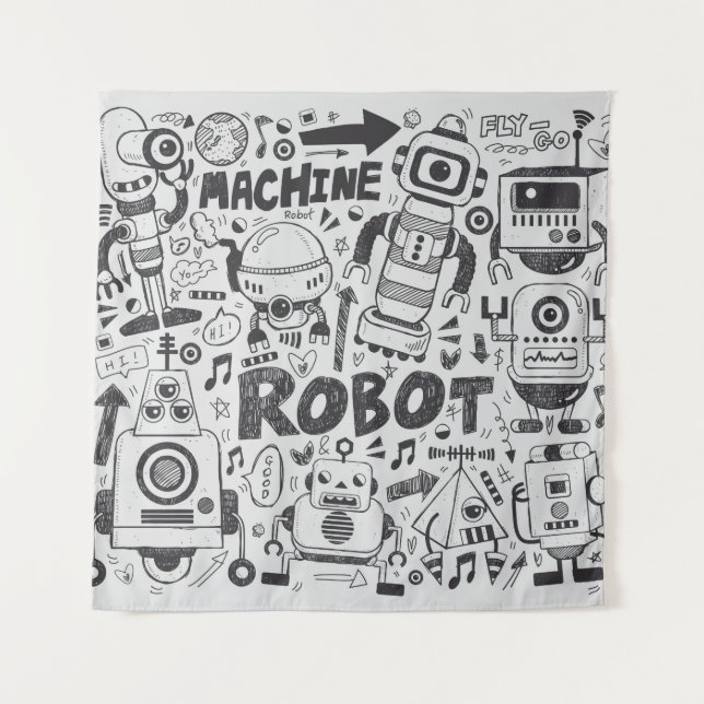 doodle robot element, illustrator line tools drawi tapestry (Front)
