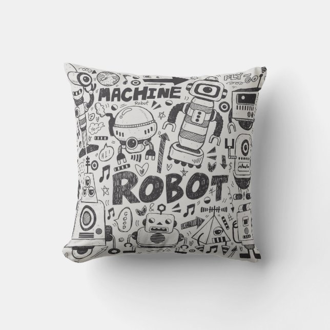 Doodle Robot Illustrator Drawing Cushion (Front)
