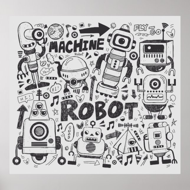 Doodle Robot Illustrator Drawing Poster (Front)