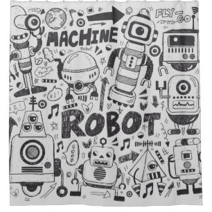 Doodle Robot Illustrator Drawing Shower Curtain
