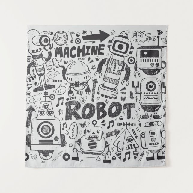 Doodle Robot Illustrator Drawing Tapestry (Front)