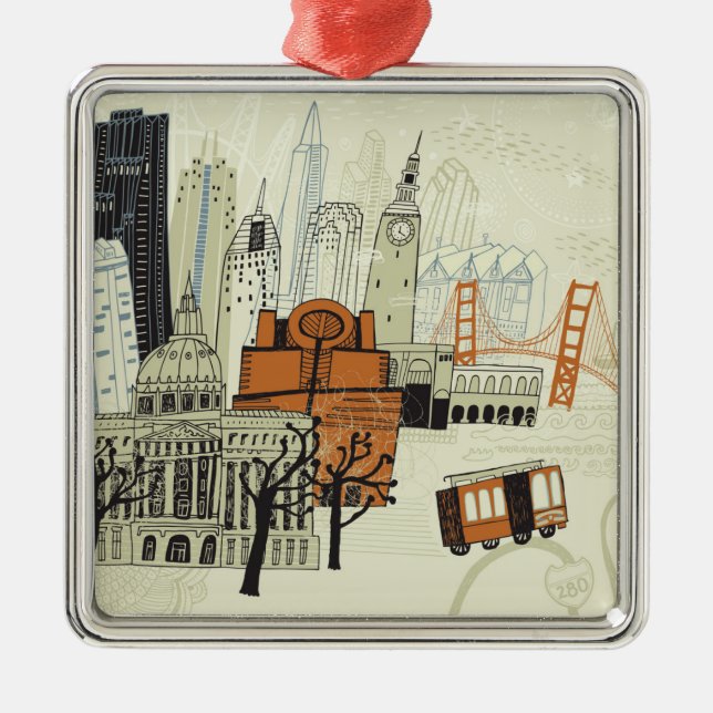 Doodle San Francisco Scene Metal Tree Decoration (Front)