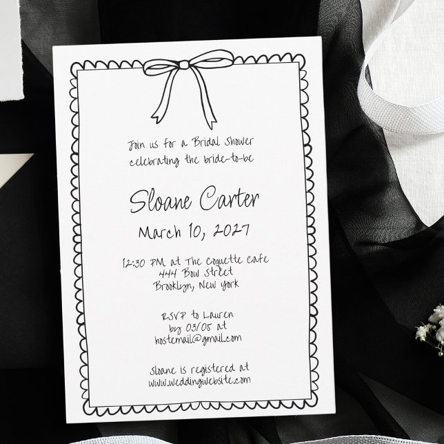 Doodle Scalloped Border Coquette Bow Bridal Shower Invitation (Creator Uploaded)