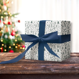 Doodle Scandinavian trees Blue Christmas  Wrapping Paper