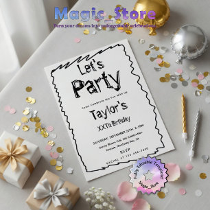 Doodle Scribble Hand Drawn Black & White Birthday Invitation