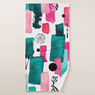 Doodle Seamless Pattern of Watercolor Pink and Gre Bath Towel