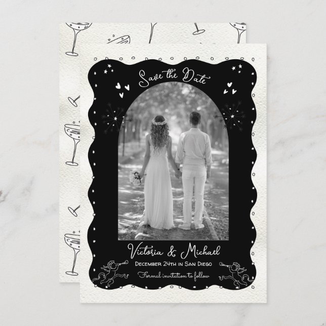 Doodle Sketch Cherub Funky Save the Date Arch Invitation (Front/Back)