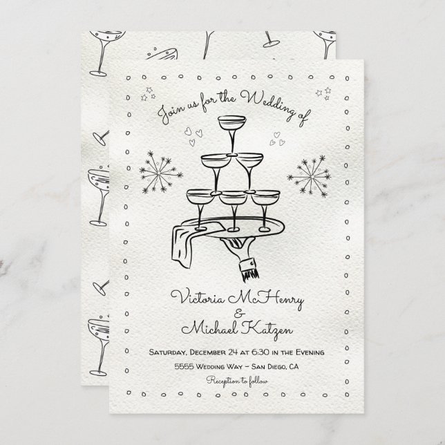 Doodle Sketch Funky Champagne Wedding Invitation (Front/Back)