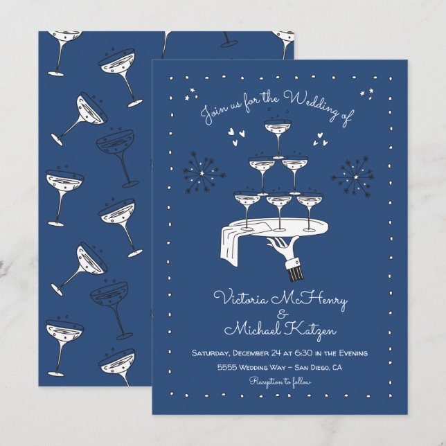 Doodle Sketch Funky Champagne Wedding Invitation (Front/Back)