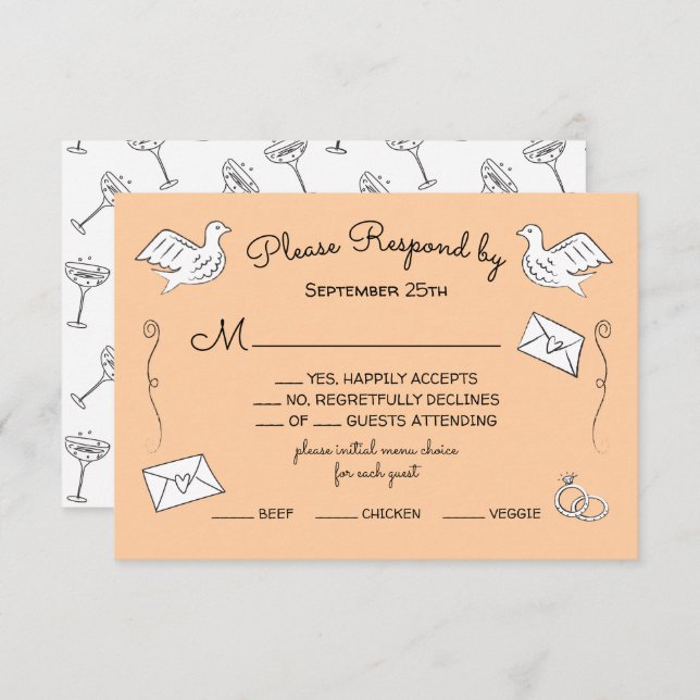 Doodle Sketch Funky love birds wedding rings RSVP Invitation (Front/Back)