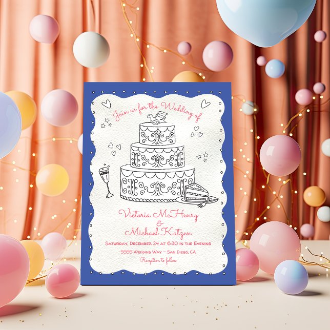 Doodle Sketch Funky Wavy Edge Wedding Cake Invitation (Creator Uploaded)