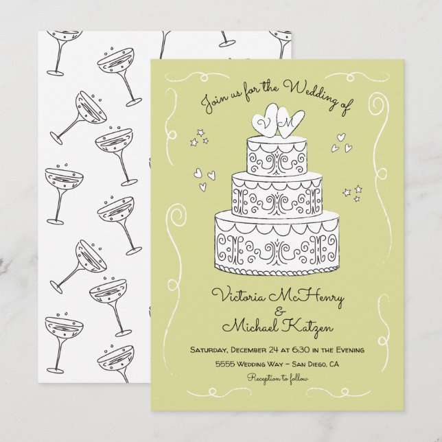 Doodle Sketch Funky Wedding Cake Invitation (Front/Back)