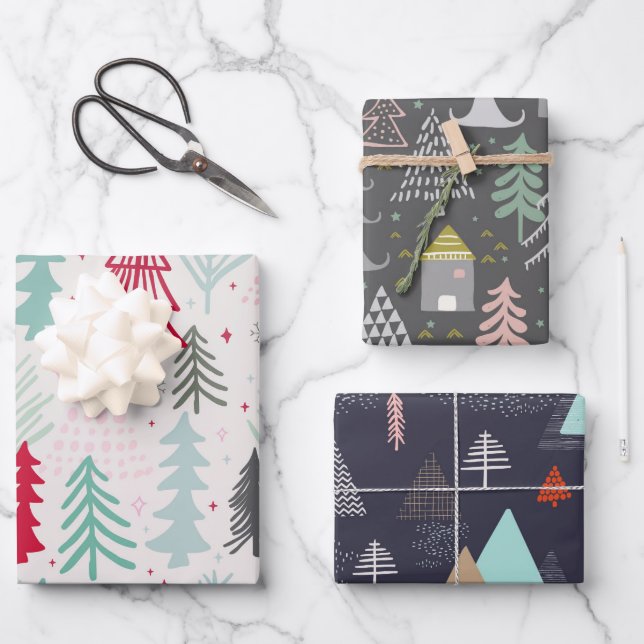 Doodle Sketch Skandi Christmas Trees Set of 3 Wrapping Paper Sheet (Front)
