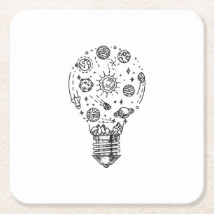 Doodle Solar System in Bulb Square Paper Coaster