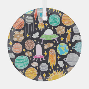 Doodle Space: Hand-Drawn Vintage Cosmos. Glass Tree Decoration