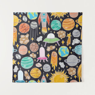 Doodle Space: Hand-Drawn Vintage Cosmos. Tapestry