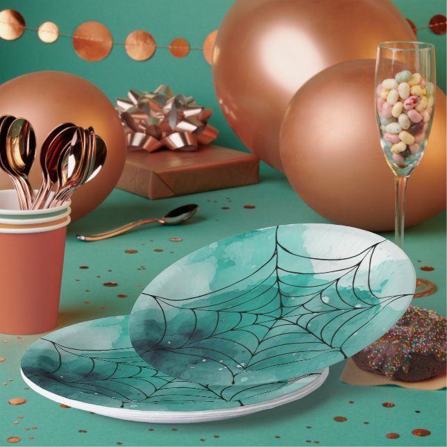 Doodle Spiderweb on Green Paper Plate (Multi)
