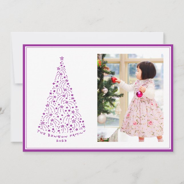 Doodle Star Tree Purple Holiday Card (Front)