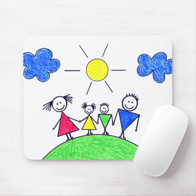 Doodle Stick Family On Green Earth Mouse Mat (With Mouse)