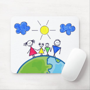 Doodle Stick Family On World Mouse Mat