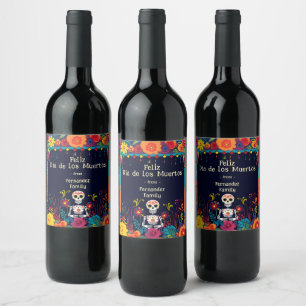 💀🎉Doodle style Día de Muertos Party Wine Label