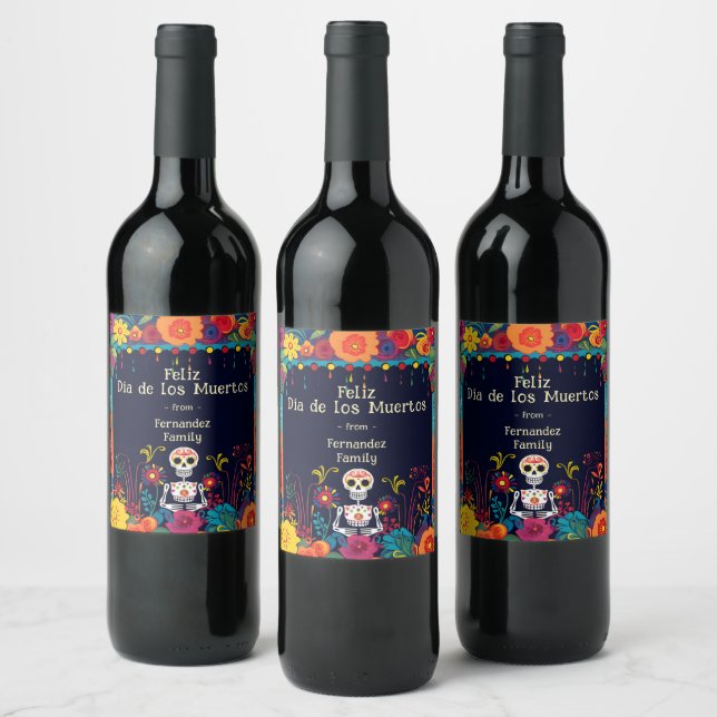 💀🎉Doodle style  Día de Muertos Party  Wine Label (Bottles)