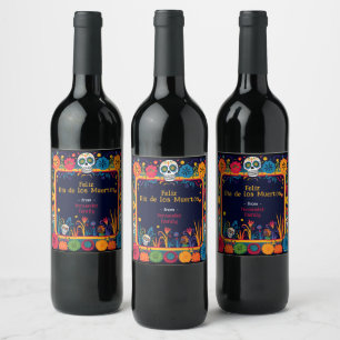 💀🎉Doodle style Día de Muertos Party Wine Label