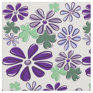 Doodle Style Purple & Green Wildflower and Clover  Fabric