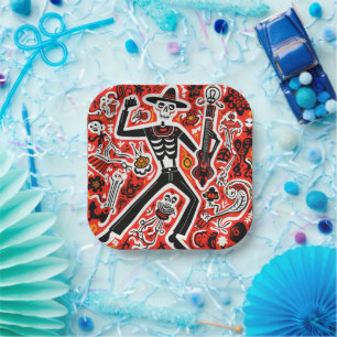 💀 Doodle style skeleton dancer Día de Muertos Paper Plate