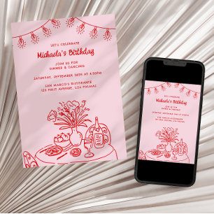 Doodle Table & String Light Adult's Birthday Party Invitation