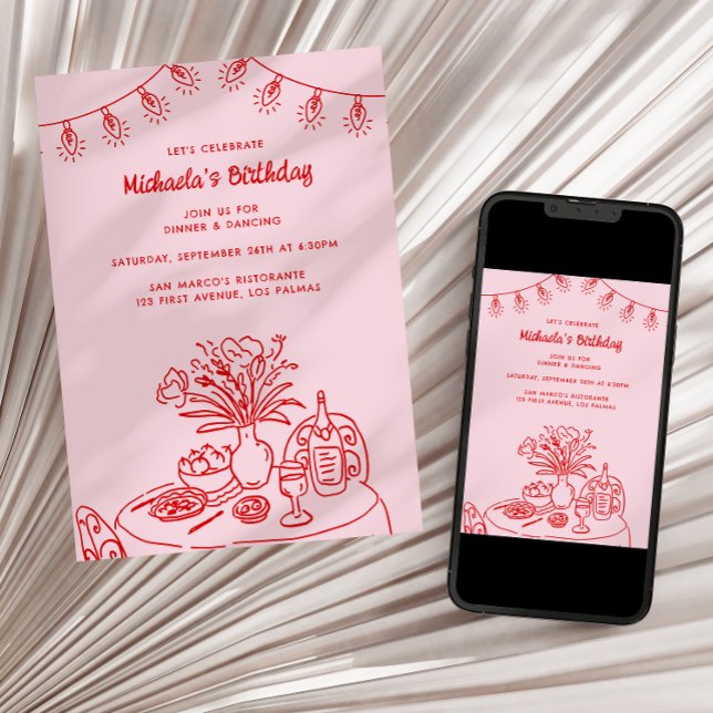 Doodle Table & String Light Adult's Birthday Party Invitation (Creator Uploaded)