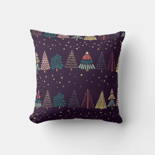 Doodle trees, stars, dark blue. cushion