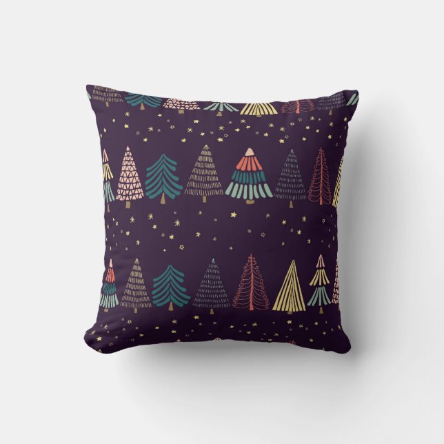 Doodle trees, stars, dark blue. cushion (Front)