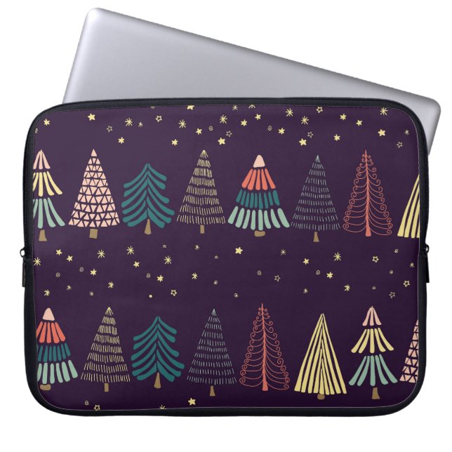 Doodle trees, stars, dark blue. laptop sleeve (Front)