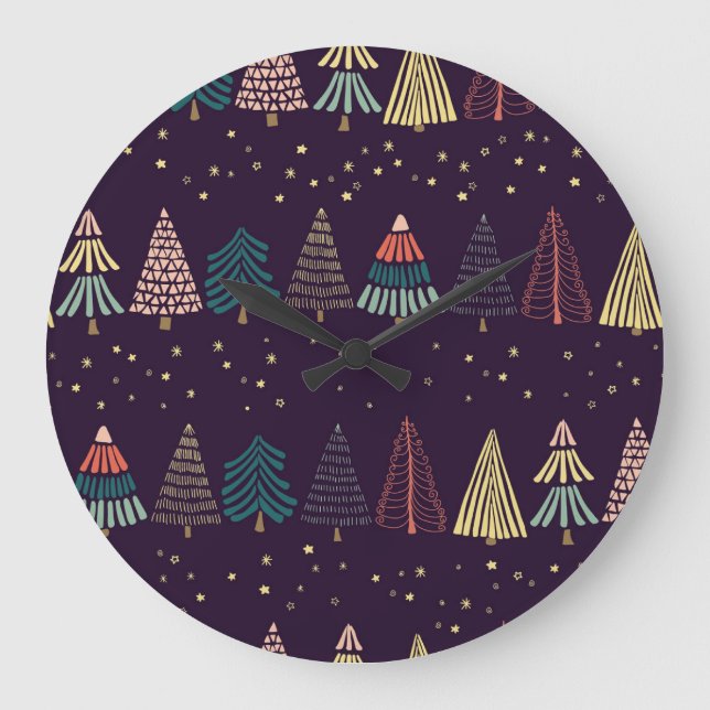 Doodle trees, stars, dark blue. large clock (Front)