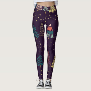 Doodle trees, stars, dark blue. leggings