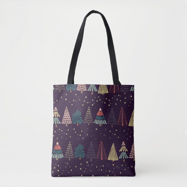 Doodle trees, stars, dark blue. tote bag (Front)