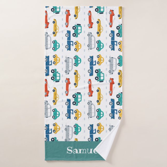 Doodle Vehicles Kids Personalised Name Towel (Bath Towel)