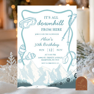 Doodle Winter Blue pastel Ski downhill birthday Invitation